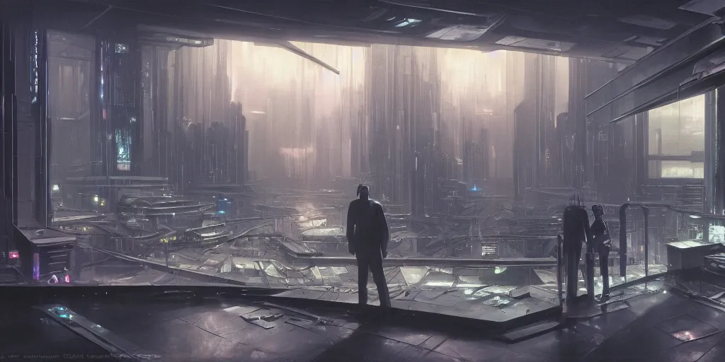 Image similar to a dystopian cyberpunk office interior with huge holographic displays everywhere, ralph maquarrie and giger and syd mead cinematic matte painting, 4 k