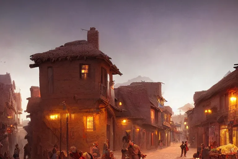 Image similar to in the middle of a adobe house town, mud and brick houses, merchant street, colorful crowd. Scenic view at night, matte painting by raphael lacoste and marc simonetti and ruan jia, trending on artstation