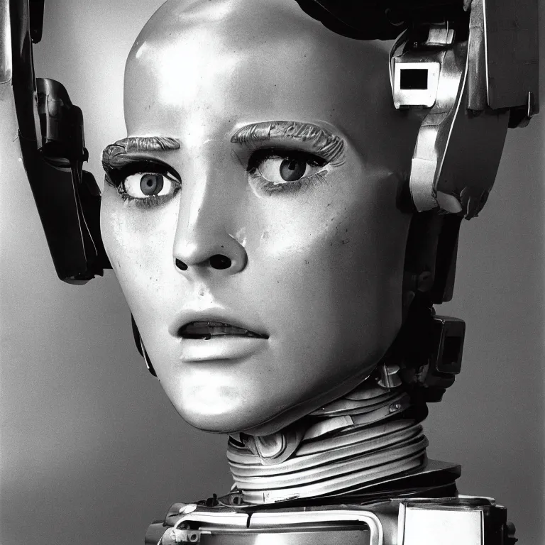 Image similar to 1 9 8 0 s robot super close up portrait, highly detailed, photorealistic, film still, by richard avedon