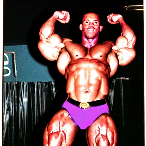 Image similar to realistic photo 35mm of a bodybuilder wearing a loincloth in a disco club next to a large purple rectangle made of lightning