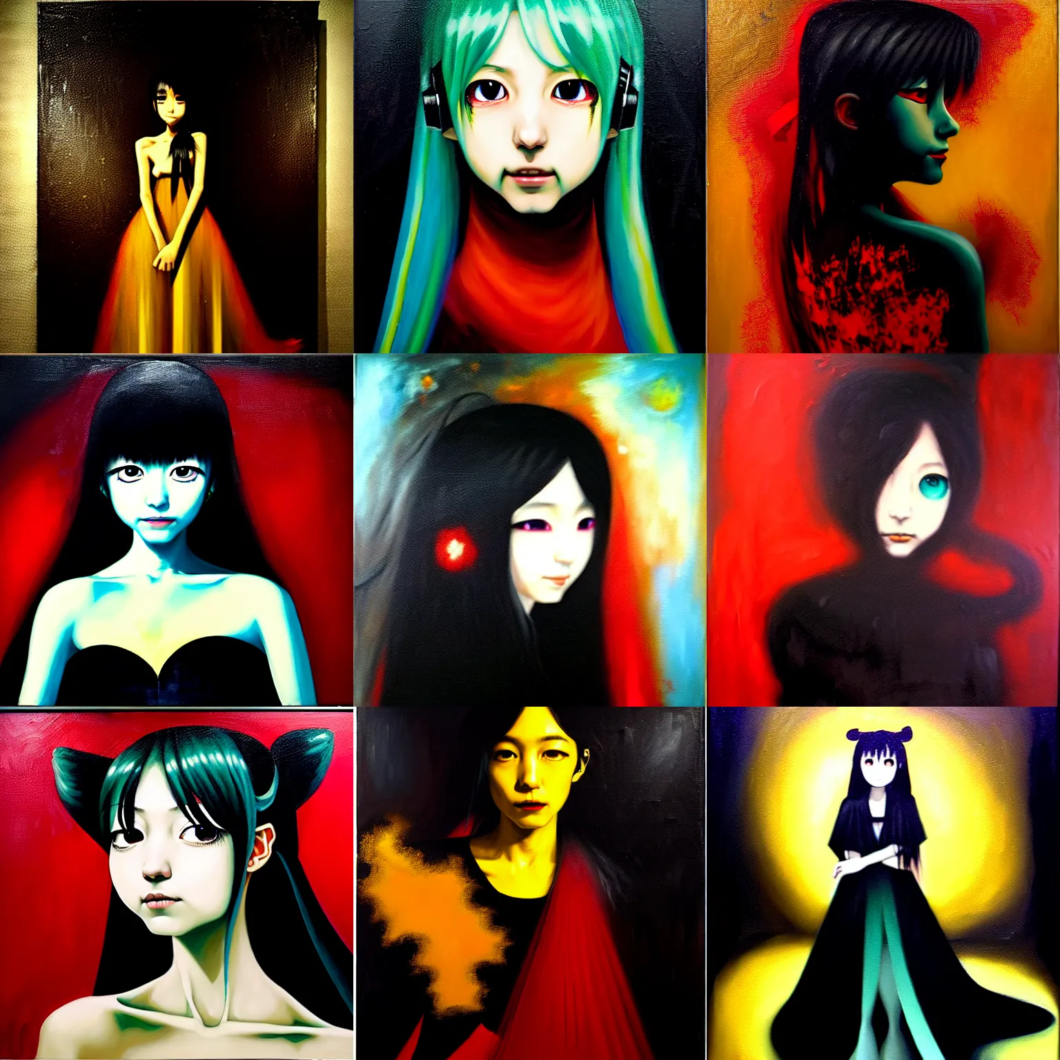 Image similar to , a very soft and dark haunting oil painting portait of hatsune miku in a black golden wedding dress, tachisme, scarlet background, by georges mathieu and antonio saura, tachisme, lyrical abstraction, action painting, ethereal, evil presence, haunted painting, tachisme, low lighting, georges mathieu, tachisme painting