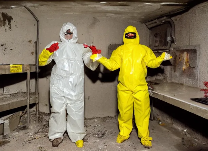 Prompt: a man in a yellow hazmat suit with an Eldritch Cthuhlu creature in an underground brutalist storeroom