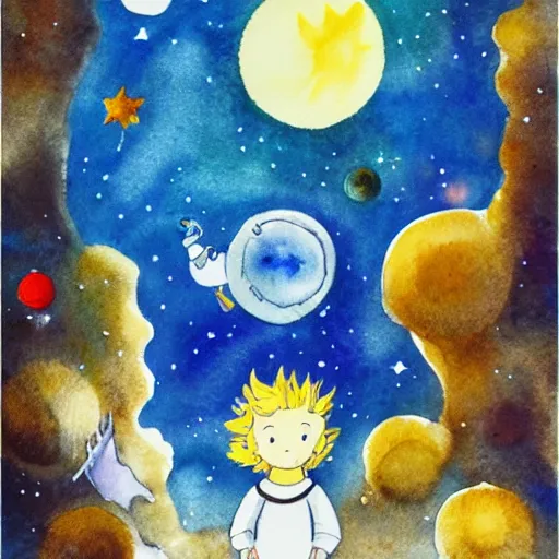 Image similar to the little prince on a little crystal planet floating in space, watercolors by antoine de saint exupery