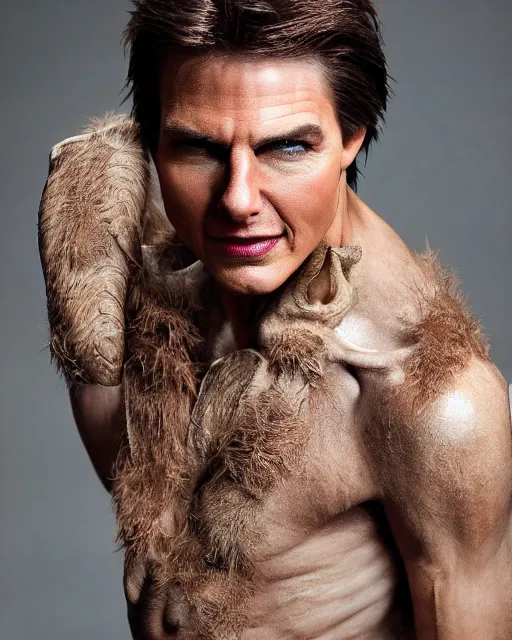 Image similar to actor Tom Cruise in Elaborate Pan Satyr Goat Man Makeup and prosthetics designed by Rick Baker, Hyperreal, Head Shots Photographed in the Style of Annie Leibovitz, Studio Lighting