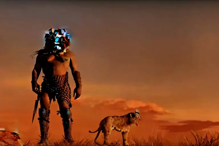Prompt: simba ( from the lion king ), heavily armed and armored facing down armageddon in a dark and gritty version from the makers of mad max : fury road : witness me