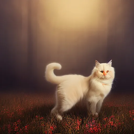 Image similar to majestic gracious ragdoll cat portrait, mysterious atmospheric lighting, elysian fields, painted, intricate, volumetric lighting, beautiful, rich deep colours masterpiece, golden hour, golden ratio, sharp focus, ultra detailed, by leesha hannigan, ross tran, thierry doizon, kai carpenter, ignacio fernandez rios