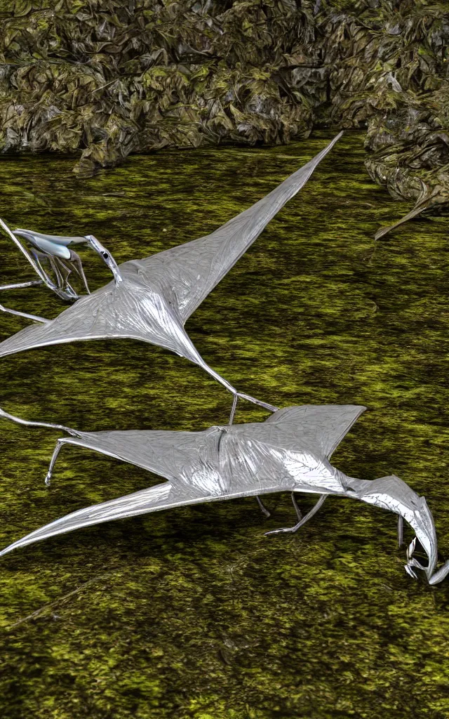 Image similar to metallic platinum pterodactyl lying in a swamp, moss and mud, photography, 3d render visualization