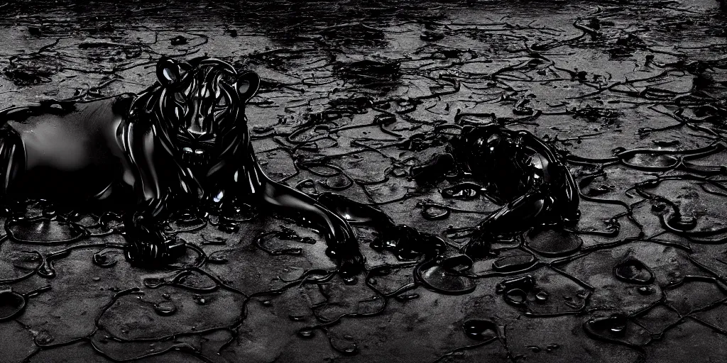 Prompt: the black lioness made of ferrofluid, laying on their back, dripping tar, drooling goo, covered in slime, sticky black goo, bathing in the pit filled with tar, dripping goo, sticky black goo. photography, dslr, reflections, black goo, rim lighting, cinematic light, tar pit, chromatic, saturated, slime