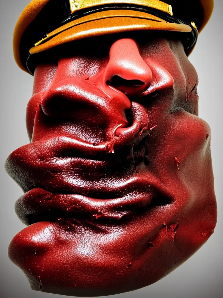 Prompt: a perfect colour portrait of a policeman licking his hat. his skin is contracting rapidly and ripping. leaking pva glue from the fissures in his stressed, agonising distressed leather skin. brightly lit studio lighting