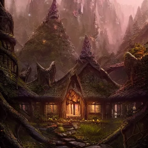 Image similar to elves living in elven treehouses, beautiful landscape, dramatic lighting, cinematic, extremly high detail, photorealistic, cinematic lighting, post processed, concept art, artstation, matte painting, style by greg rutkowsky