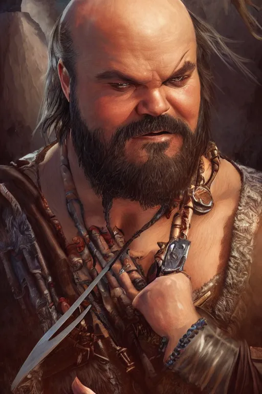 Image similar to ultra realistic illustration, jack black as a rogue pirate thief from baldurs gate and diablo, intricate from baldurs gate, elegant, highly detailed, digital painting, artstation, concept art, smooth, sharp focus, illustration, art by artgerm and greg rutkowski and alphonse mucha