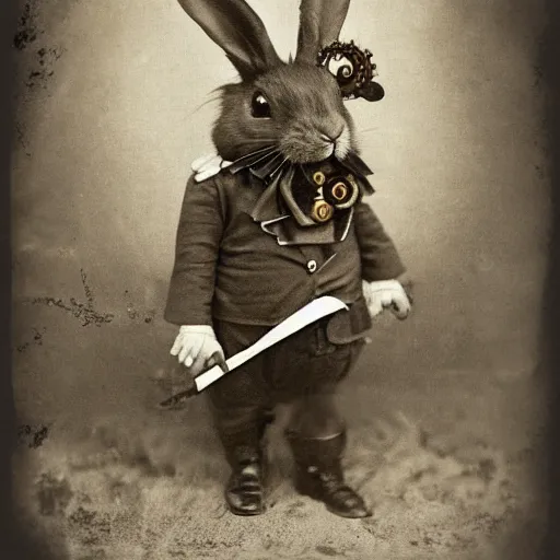 Image similar to a steampunk rabbit, victorian photograph