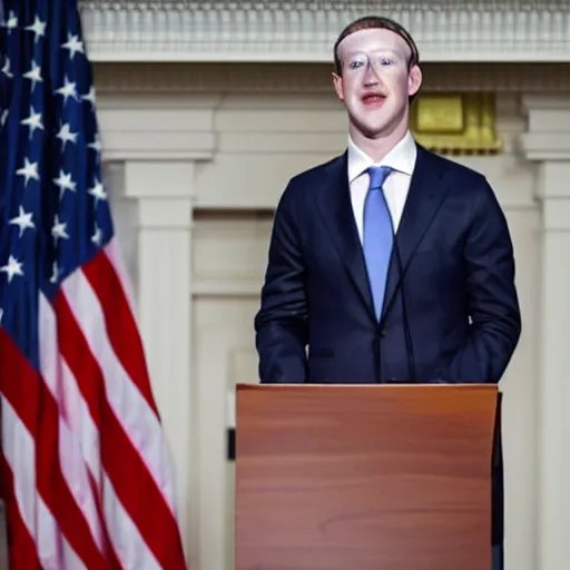 Prompt: mark zuckerberg as the president of the united states wearing a suit standing at the presidential podium