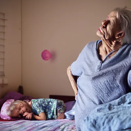 Prompt: A beautiful photograph of a scary thin old lady standing watching a child sleeping in bed at night ,4k resolution.