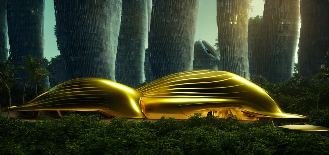 Image similar to futuristic shinny golden building in an jungle landscape of a biopunk city by taras shevchenko and frank gerhy, roads designed by zaha hadid and oscar niemeyer, movie poster, golden ratio, at dusk lighting, evening lighting, film still, realistic, octane render redshift arnold materials unreal engine, 8 k post production, hyper detailed