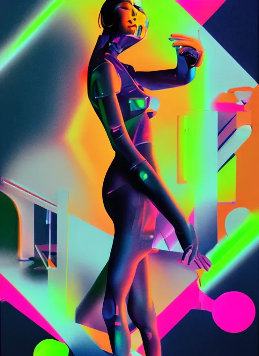 Prompt: futuristic lasers tracing, colorsmoke, laserpunk fullbodysuit, pyramid visor, raindrops, wet, oiled, beautiful cyborg girl pinup, by steven meisel, kaws, rolf armstrong, cubist perfect geometry abstract acrylic, hyperrealism photorealistic airbrush collage painting, monochrome, neon fluorescent colors, minimalist rule of thirds, eighties eros