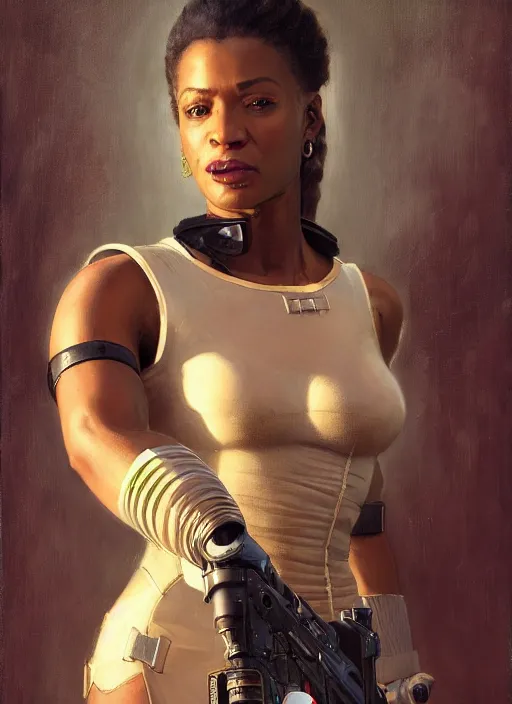 Image similar to Maria Igwe. Buff Cyberpunk policewoman with robotic legs. (Cyberpunk 2077, bladerunner 2049). beautiful face. Iranian orientalist portrait by john william waterhouse and Edwin Longsden Long and Theodore Ralli and Nasreddine Dinet, oil on canvas. Cinematic, vivid colors, hyper realism, realistic proportions, dramatic lighting, high detail 4k