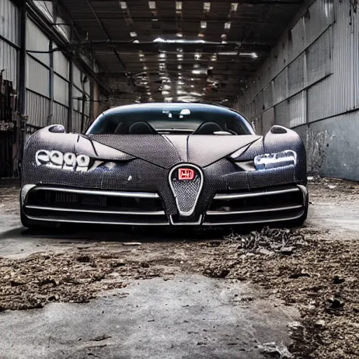 Image similar to an abandoned, derelict, rusty bugatti chiron in a dirty warehouse