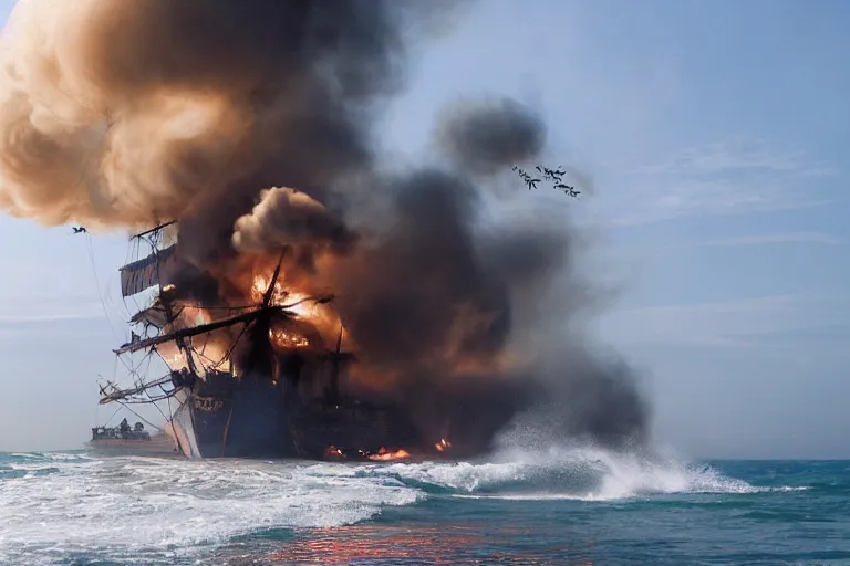 Image similar to closeup pirate crew running down beach as pirate ship fires canons, sand explosion 2 0 0 mm by emmanuel lubezki