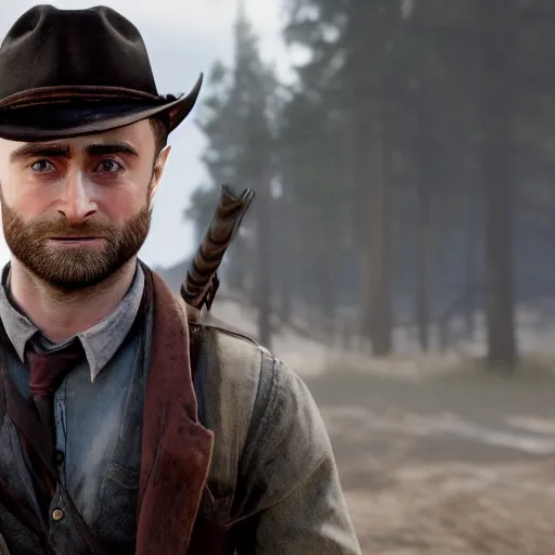 Prompt: Film still of Daniel Radcliffe, from Red Dead Redemption 2 (2018 video game)