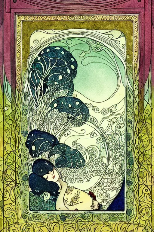 Prompt: a wooden barrel in the center of a floral frame, art by kay nielsen and walter crane, illustration style, watercolor