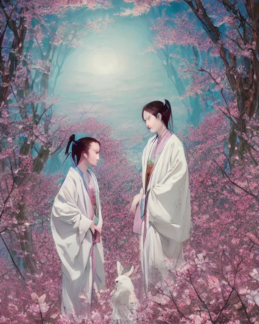 Image similar to ink on paper portrait of two white bunnies in colorfull kimonos in the foreground of a surreal environment with cherry blossoms by greg rutkowski and michael whelan