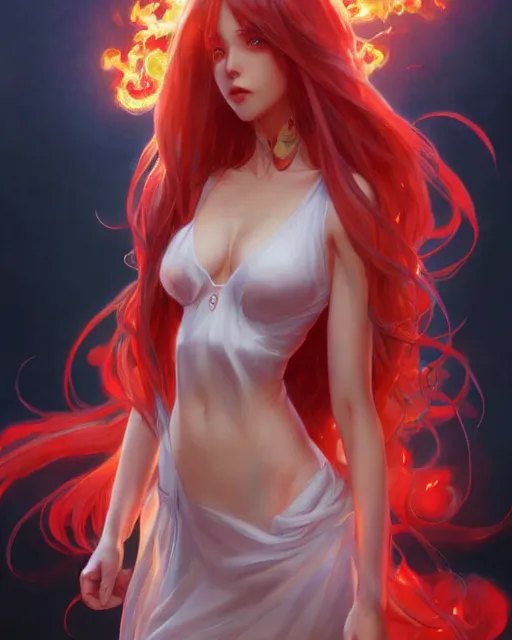 Image similar to red eyed beautiful long haired anime girl, full body photo, flames everywhere, highly detailed, digital painting, artstation, concept art, smooth, sharp focus, illustration, art by artgerm and greg rutkowski and alphonse mucha