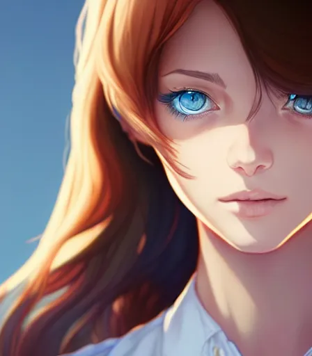 Image similar to drawing of a woman with blue eyes, brown hair and a perfect body, wearing clothes, character design by charlie bowater, ross tran, artgerm, and makoto shinkai, detailed, soft lighting, rendered in octane