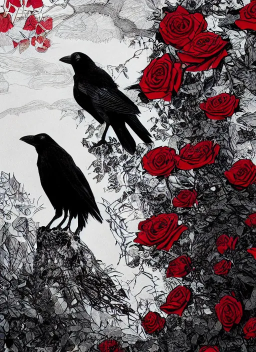 Image similar to portrait, A crow with red eyes in front of the full big moon, book cover, red roses, red white black colors, establishing shot, extremly high detail, foto realistic, cinematic lighting, pen and ink, intricate line drawings, by Yoshitaka Amano, Ruan Jia, Kentaro Miura, Artgerm, post processed, concept art, artstation, matte painting, style by eddie mendoza, raphael lacoste, alex ross