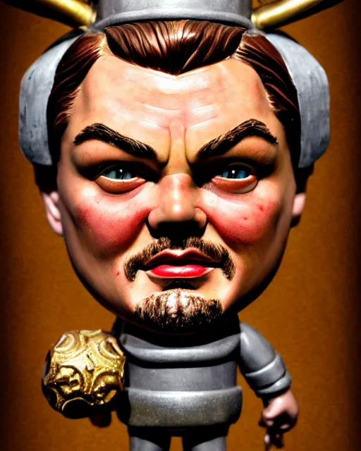 Image similar to highly detailed closeup, face profile portrait of a tin toy leonardo dicaprio as a medieval demon with horns eating cakes in a castle, hyper realistic, artstation, illustration, nicoletta ceccoli, mark ryden, lostfish, dan decarlo, bob clampett, max fleischer, digital paint, matte paint, vivid colors, detailed and intricate environment