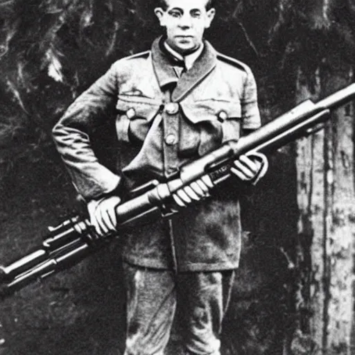 Prompt: old wartime photograph of shaggy from scooby - doo holding a lewis gun, 1 9 1 7