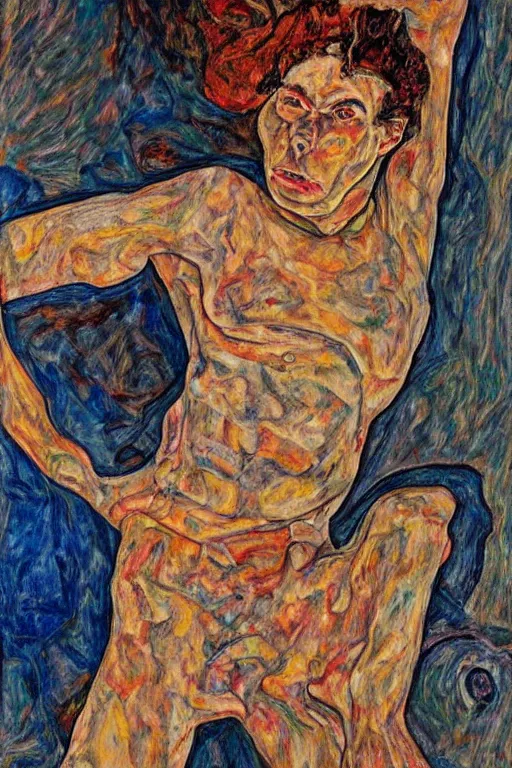 Image similar to a full body character with lifted arms in style of egon schiele, masterpiece, hyperdetailed, complex, intricate, veiled, 4 k, dynamic!!