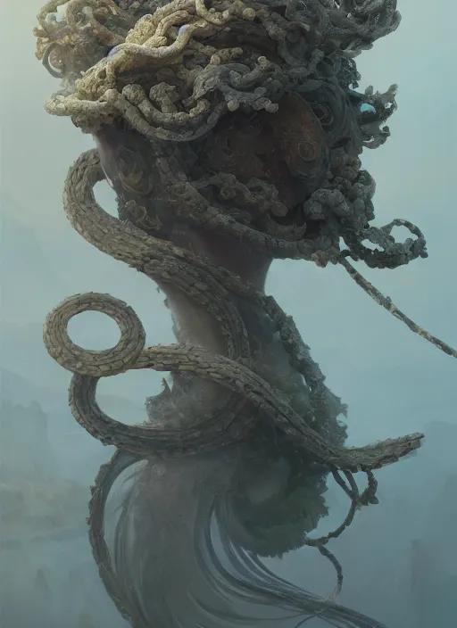 Image similar to Helmet of a forgotten Deity, corals, plume made of seaweed, white snake winding around, extremly detailed digital painting, in the style of Fenghua Zhong and Ruan Jia and jeremy lipking and Peter Mohrbacher, mystical colors, rim light, beautiful lighting, 8k, stunning scene, raytracing, octane, trending on artstation