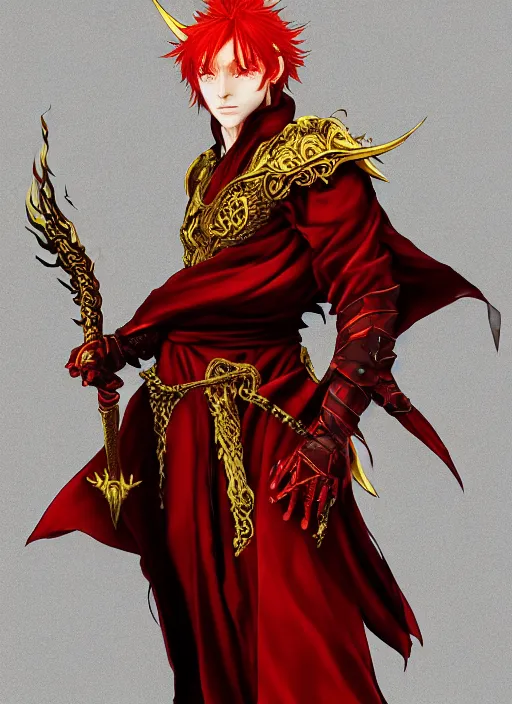 Image similar to Half body portrait of a handsome young red haired elven monk prince with dragon eyes, staff and red and golden ornate dragon robe. In style of Yoji Shinkawa and Hyung-tae Kim, trending on ArtStation, dark fantasy, great composition, concept art, highly detailed.