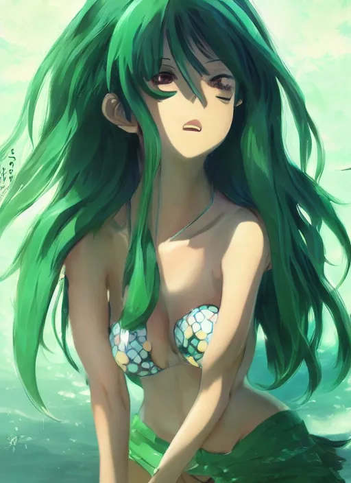 Prompt: anime girl with green hair wearing bikini, detailed character portrait, anime style, by makoto shinkai, by wenjun lin, by studio ghibli, gorgeous face, digital art, fanart