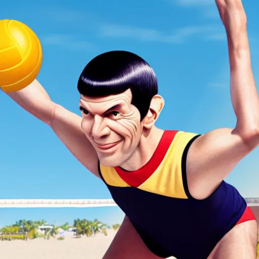 Image similar to Mr. Spock playing volleyball, smiling, sunny, beach, ultra realistic