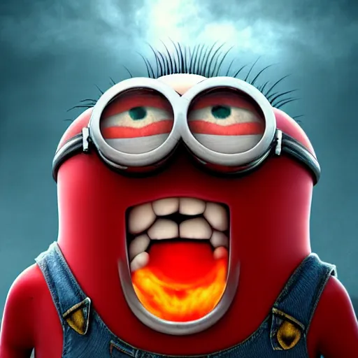 Image similar to an epic painting minion, red angry face in rage with nuclear explosion out of his head, he is going to blow, perfect composition, golden ratio, beautiful detailed, photorealistic, digital painting, concept art, smooth, sharp focus, illustration, artstation trending, octane render, unreal engine