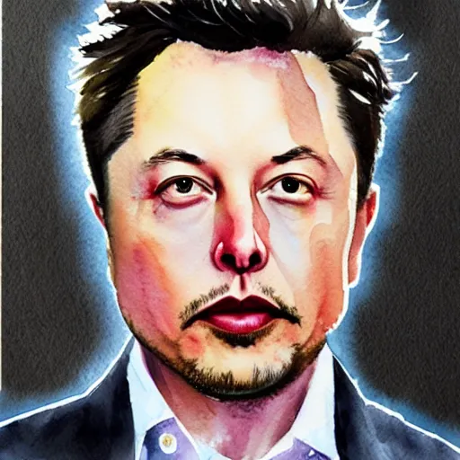 Image similar to highly detailed watercolor painting of Elon Musk, trending on artstation,