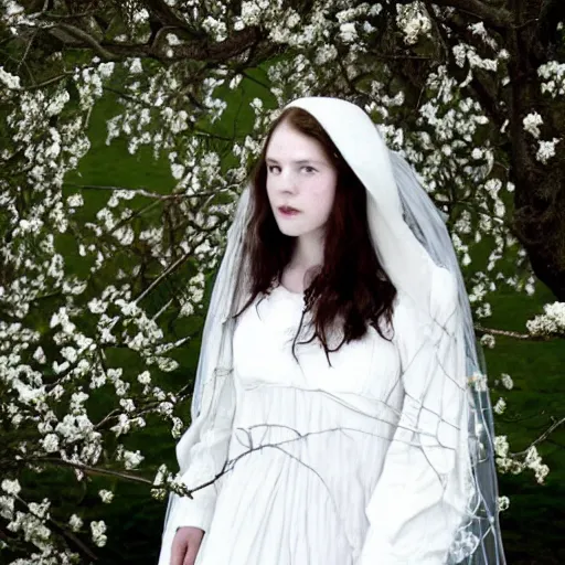 Prompt: a girl with a bridal veil covering her face. a tree of white flowers. folk. thomas hardy tess of the d'urbervilles. pastoral. folk. gothic. vibrant