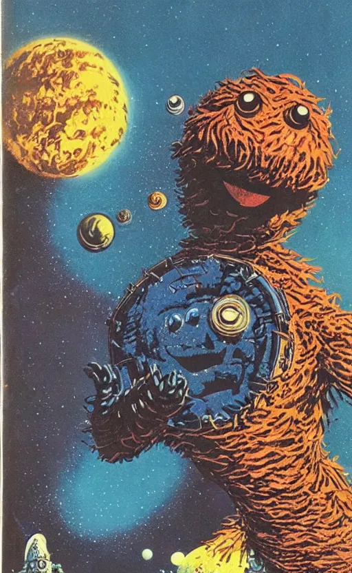 Image similar to cookie monster, 1 9 7 0 s sci - fi paperback cover art by chris foss peter elson tim white jack gaughan and virgil finlay