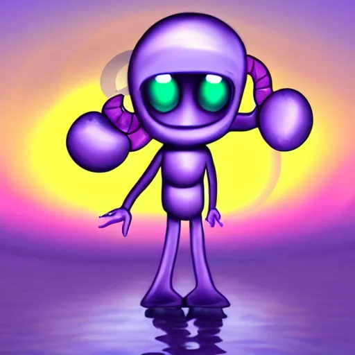 Image similar to friendly alien sailor cartoon soft purple sunset hopeful hd digital