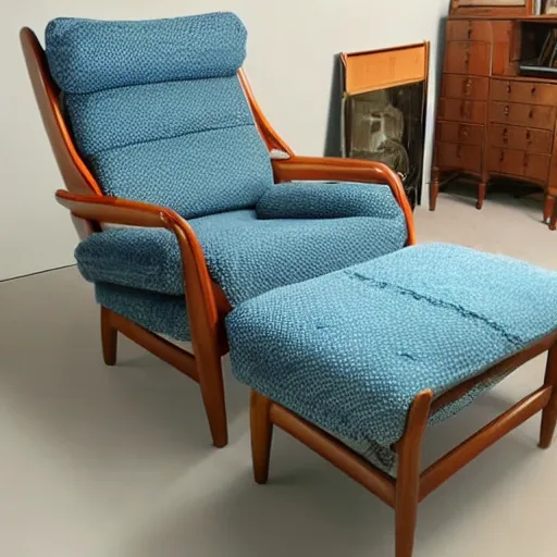 Prompt: a soft comfortable long chair, birch wood, tall, mid century modern, with an antique blue cotton ottoman