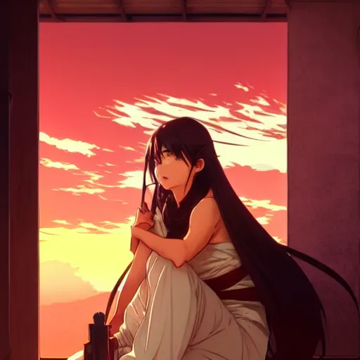 Prompt: digital anime art in the style of netflix arcane, beautiful gorgeous female shinobi sitting on an old oriental roof at sunset, wlop, alphonse mucha, greg rutkowski, ilya kuvshinov, backlit