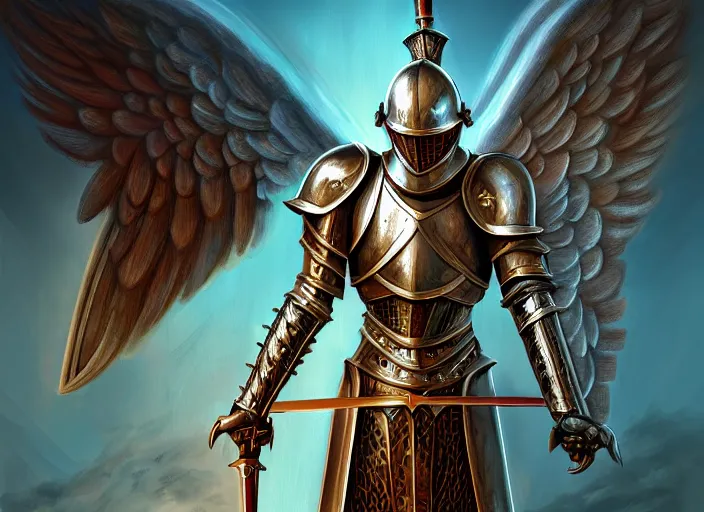 Image similar to a digital painting of an angel in armor in armor in armor holding two swords, a digital rendering by jan tengnagel, fantasy art, deviantart uhd, deviantart, apocalypse art, ray tracing, highly detailed, high quality, 8 k resolution