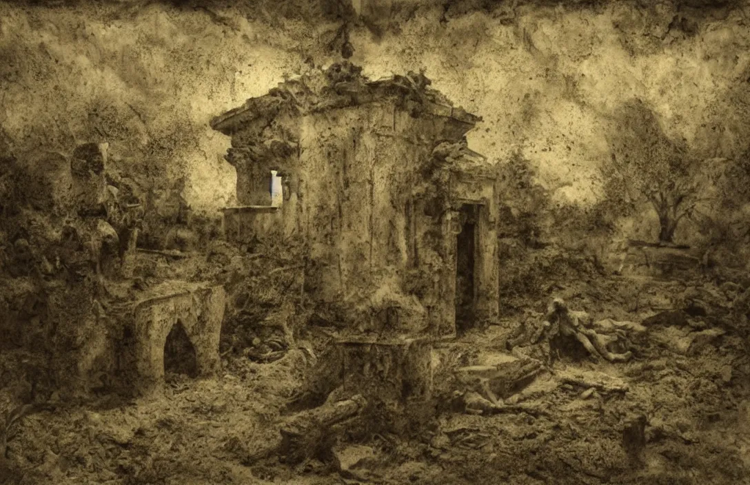 Image similar to tomb in which the body will be laid divisionism there is no sense of movement realm of words emerging from lush greenery intact flawless ambrotype from 4 k criterion collection remastered cinematography gory horror film, ominous lighting, evil theme wow photo realistic postprocessing ink and water jan van der heyden