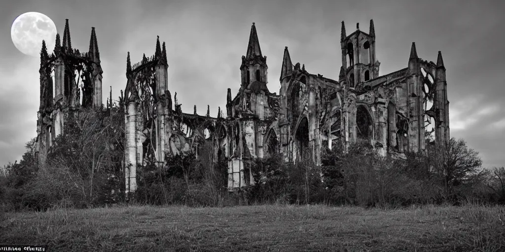 Image similar to crumbling gothic cathedral, nighttime, decrepit castle, ruins, moon visible through cloud, abandoned houses sinking into bog