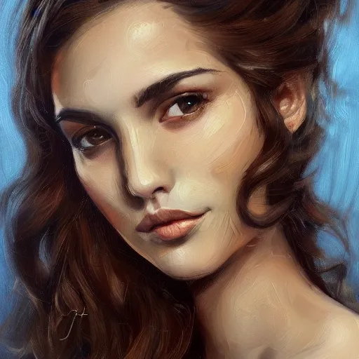 Image similar to beautiful portrait face centre oil on canvas of brunette with wavy hair Ebru Şahin, Reyyan, intricate, elegant, highly detailed, artstation, concept art, sharp focus