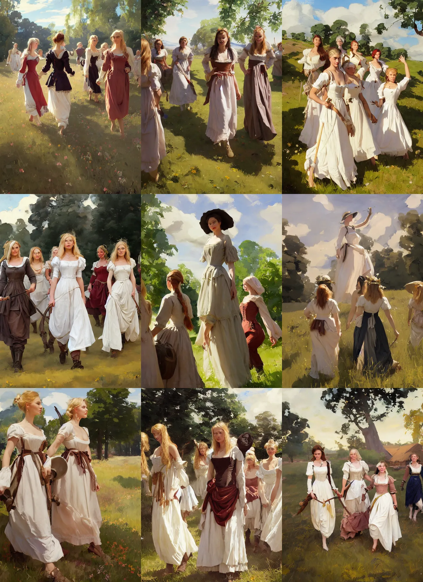 Prompt: group of finnish norwegian swedish scandinavian attractive beautiful glamour models as village maidens wearing 1 7 th century bodice with low neckline walking in the field in a sunny day, jodhpurs greg manchess painting by sargent and leyendecker, studio ghibli fantasy medium shot asymmetrical intricate elegant matte painting illustration hearthstone, by greg rutkowski by greg tocchini by james gilleard