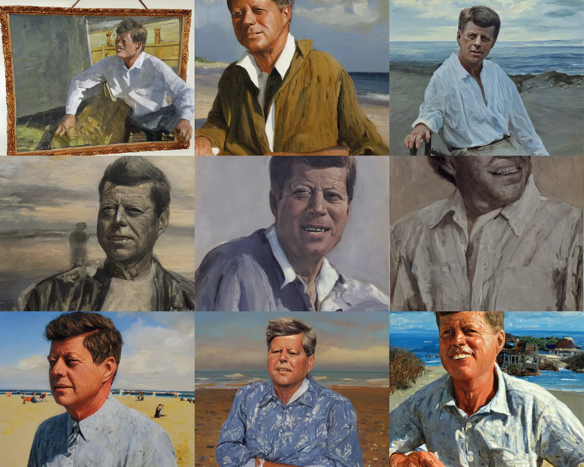 Prompt: far portrait of john f kennedy, old, wrinkled, and grey on nantucket beach, handsome, hawaiian shirt, oil on canvas by william sidney mount - 1 9 8 2, trending on artstation