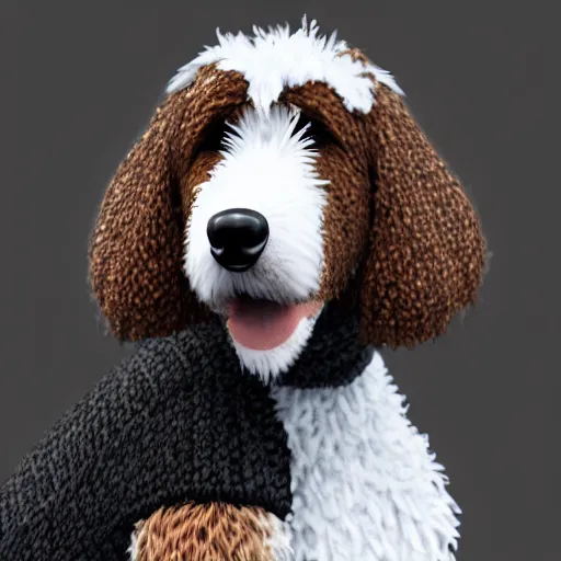 Image similar to a closeup photorealistic illustration of a smiling knitted bernedoodle judge dog dressed in a black gown, presiding over the courthouse. this 4 k hd image is trending on artstation, featured on behance, well - rendered, extra crisp, features intricate detail, epic composition and the style of unreal engine.